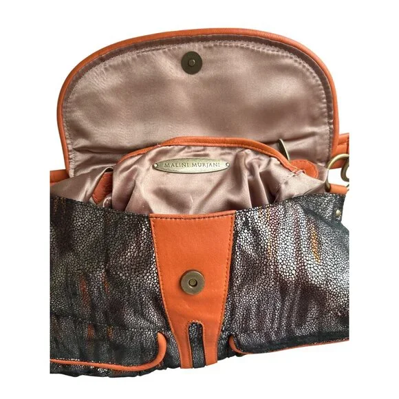 Malini Murjani Exotic Collection Leather Trim Metallic Orange Black Shoulder Bag - Picture 6 of 12
